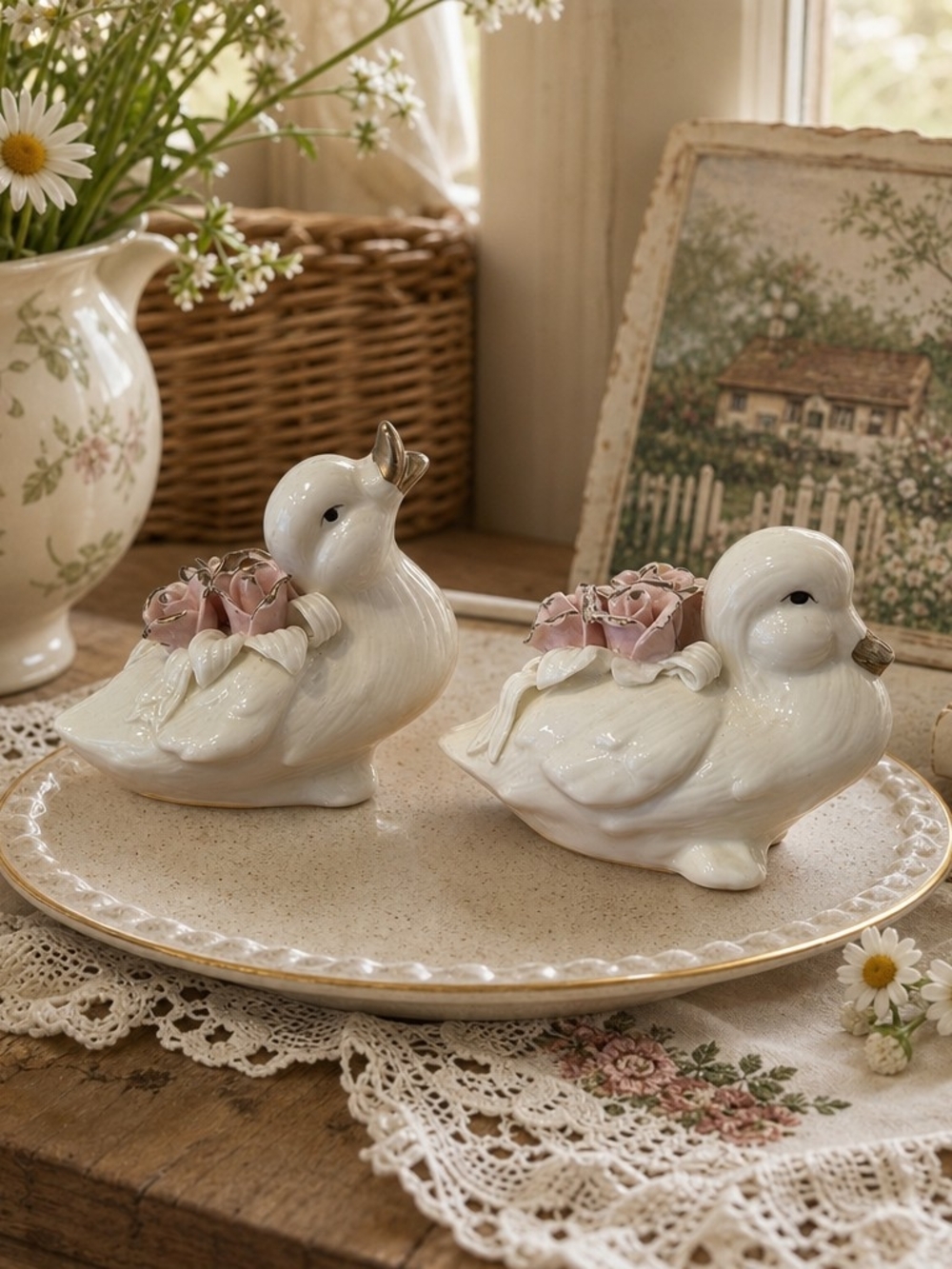 🕊️ Vintage Porcelain Duck Salt & Pepper Set with Pink Roses